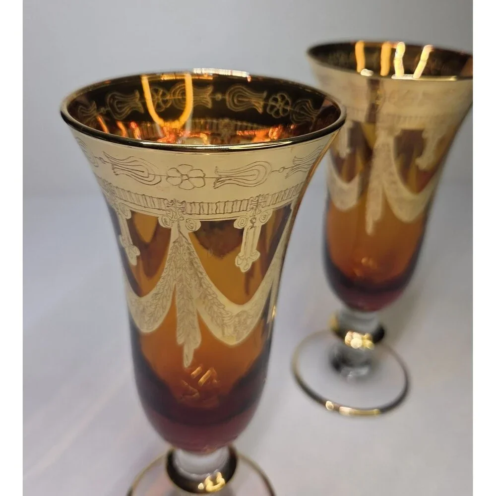Pair Of Arte Italica Medici Amber Gold Champagne Flutes Goblets Glasses 7.5